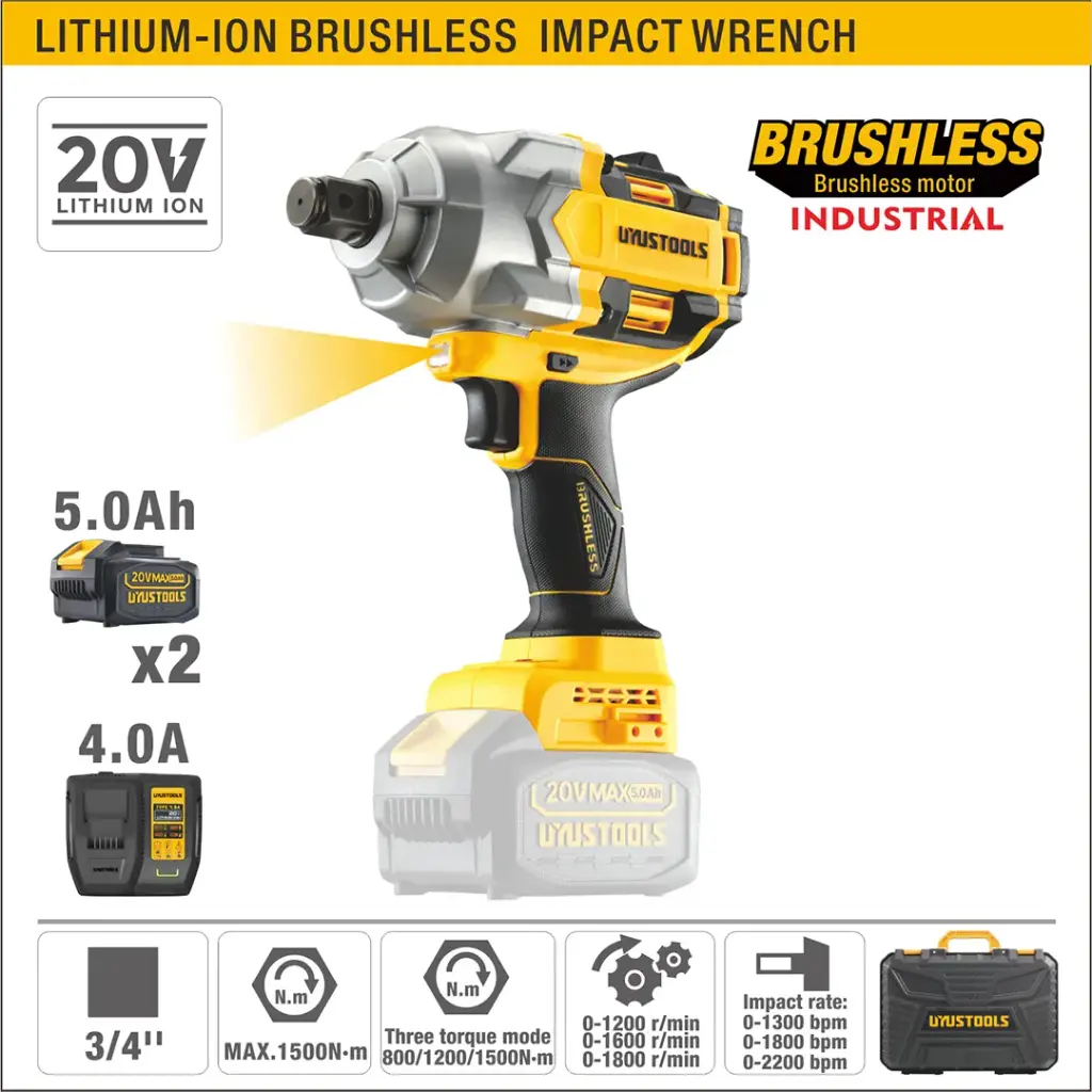 Pistola de impacto de 3/4'' 1500 NM con 2 baterías 20V/5.0Ah, Uyustools.
