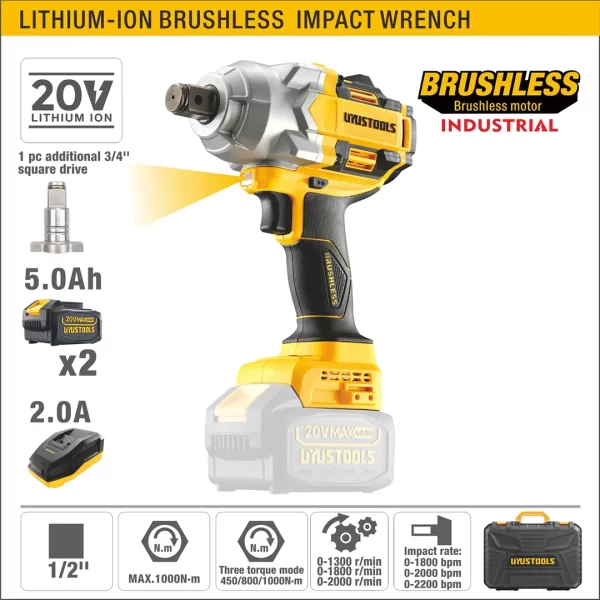 Pistola de impacto de 1/2'' 1000 NM con 2 baterías 20V/5.0Ah, Uyustools. 