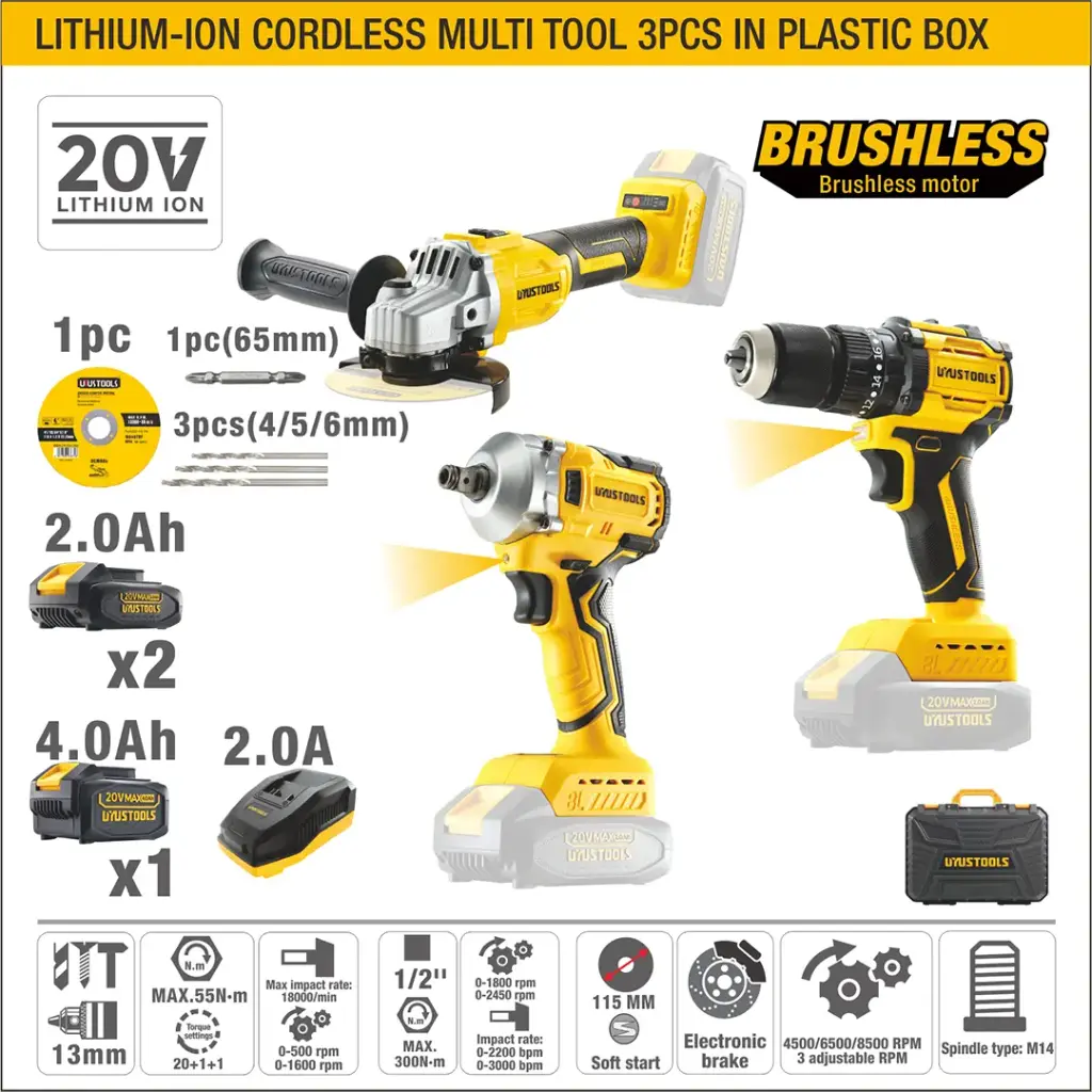 Kit inalámbrico 20V Esmeril angular + Taladro 55NM + Pistola de impacto 300NM, Uyustools. 