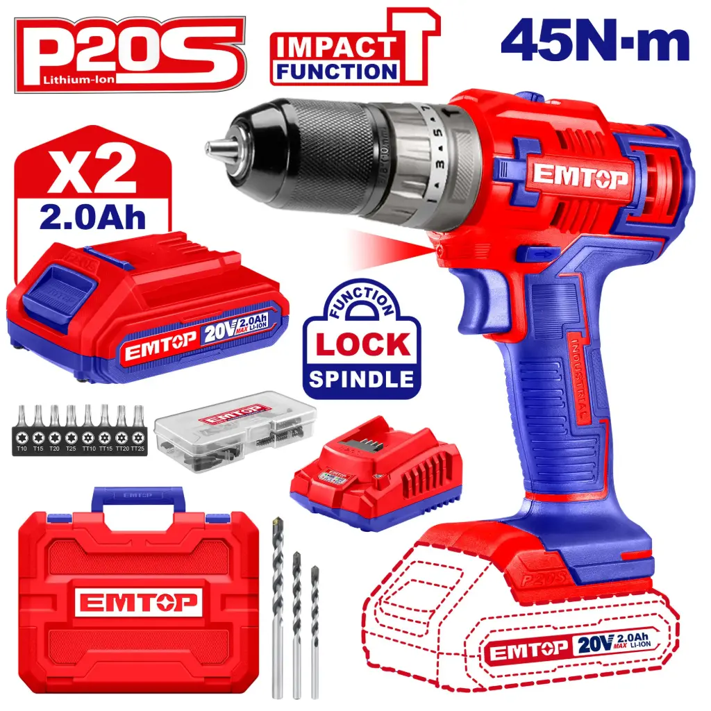 Taladro inalámbrico de impacto 20V/2.0Ah, EMTOP.