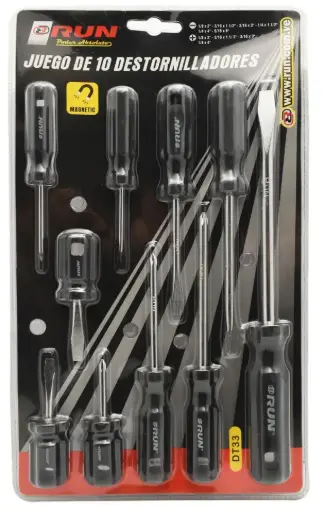[DT33] Juego de 10 destornilladores en acero al carbono, RUN. 