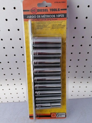 [DT02-XL10961] Set dados o copas largas,10 pzs de 3/8'', Diesel Tools.